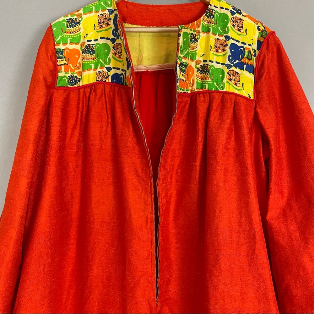 Vintage Caftan Dress Maxi Women‎ Kaftan Muumuu Elephants Reddish Orange Zip-Up - Picture 14 of 15